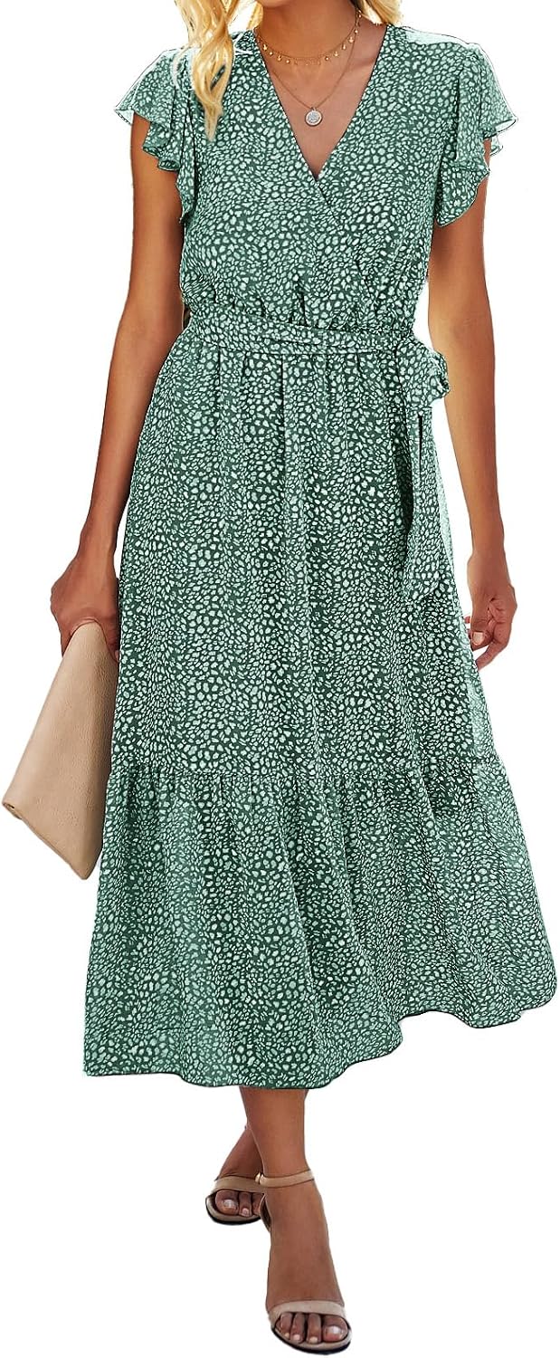 Swiss Dot Wrap V-Neck Belted Midi Dress in Dark Green