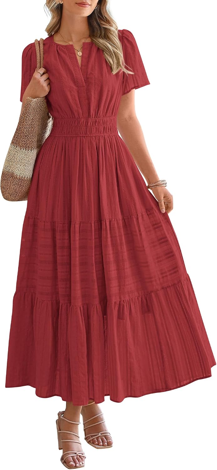 V-Neck Short-Sleeve Elastic-Waist Maxi Dress in Red