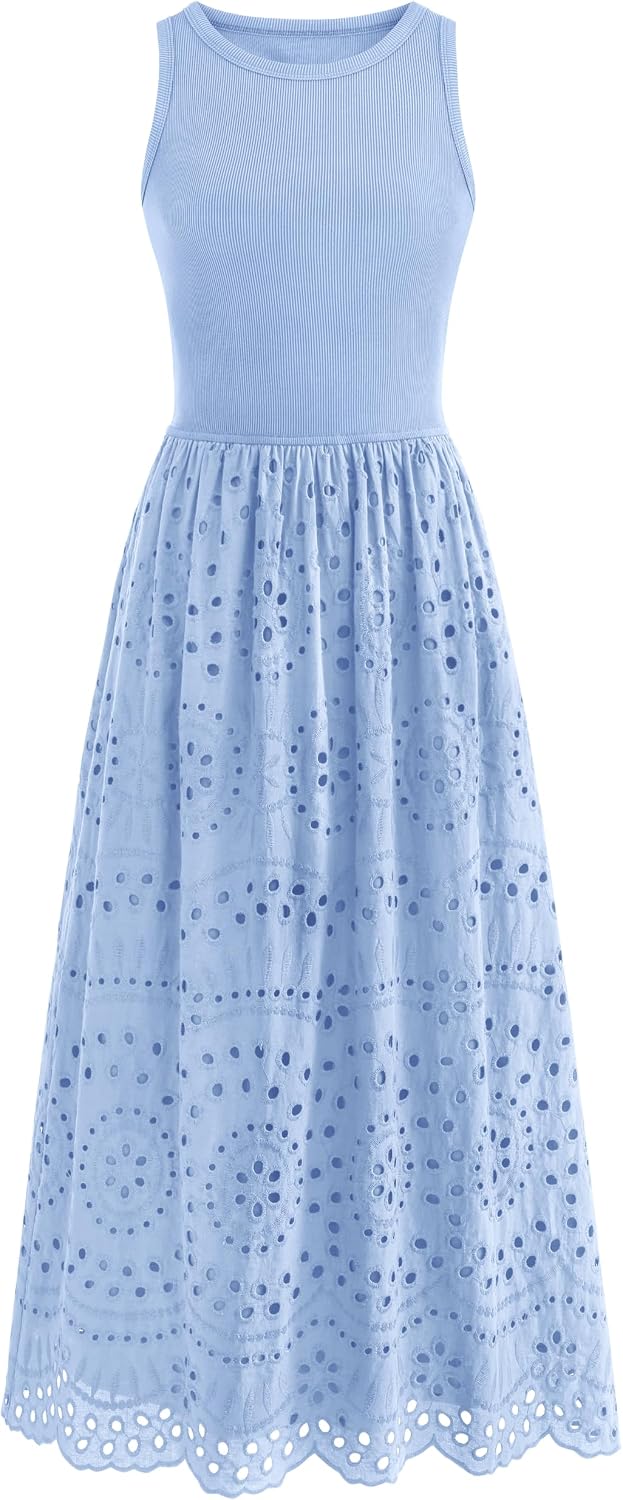 Lace Eyelet Sleeveless Tank Maxi Dress in Light Blue