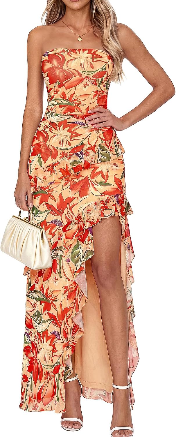 Off-Shoulder Ruffle Mesh Maxi Dress in Floral Orange Red