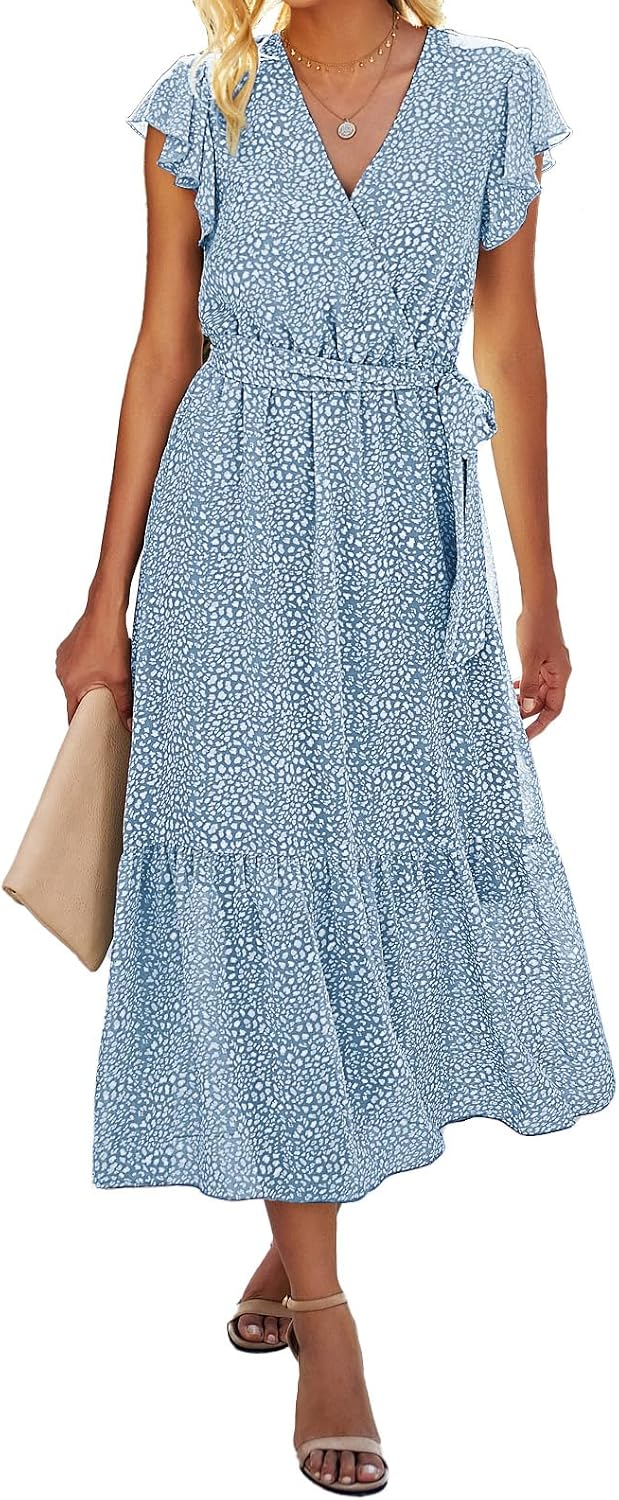 Swiss Dot Wrap V-Neck Belted Midi Dress in Light Blue