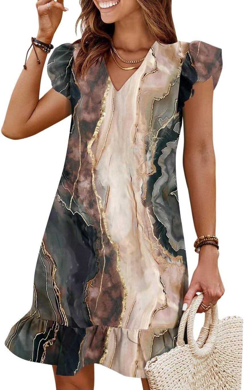 Flutter-Sleeve V-Neck Ruffle-Hem Mini Sundress in Boho Black Gold print