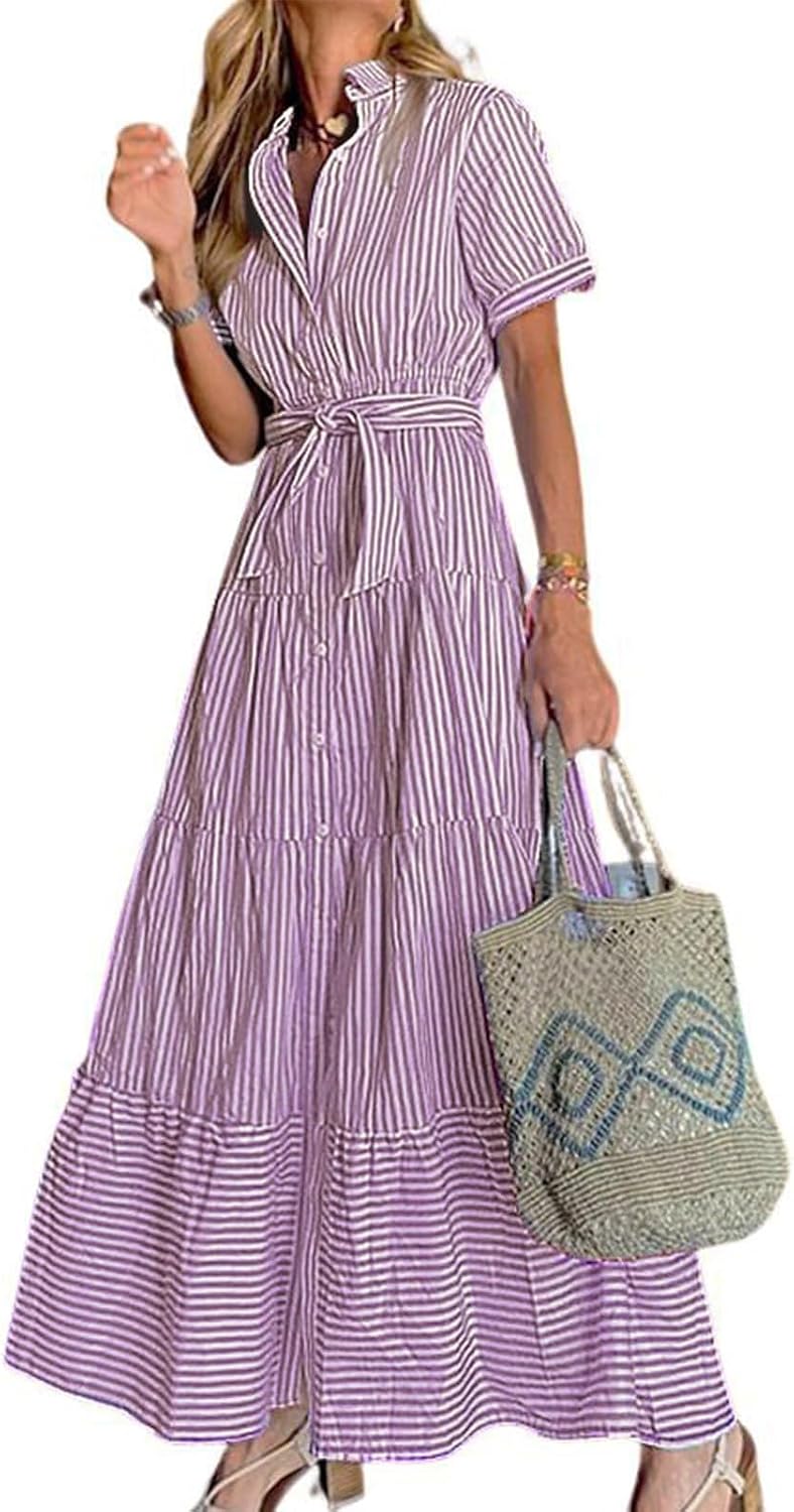 Striped Button-Down Ruffled Maxi Shirt Dress in Purple