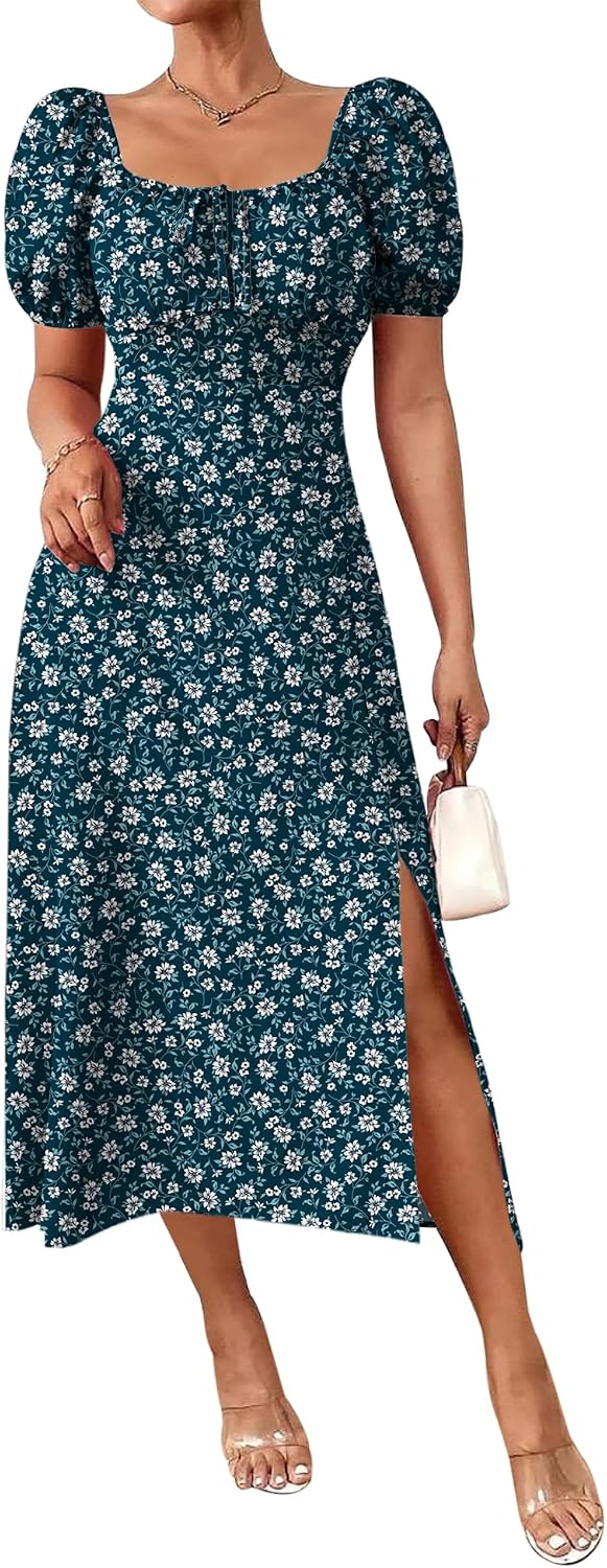 Floral Puff-Sleeve Square-Neck Midi Dress in Dark Blue Floral