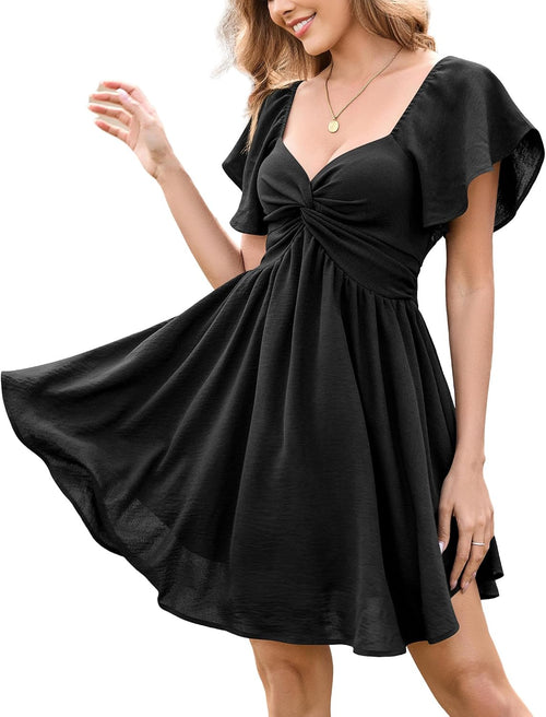 Chiffon Sweetheart Knot-Front Flutter-Sleeve Mini Dress in Black