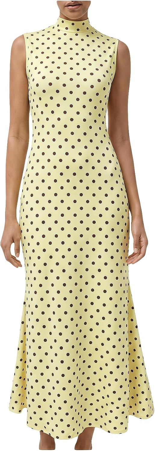 Polka Dot Mock-Neck Sleeveless Maxi Dress in Light Yellow