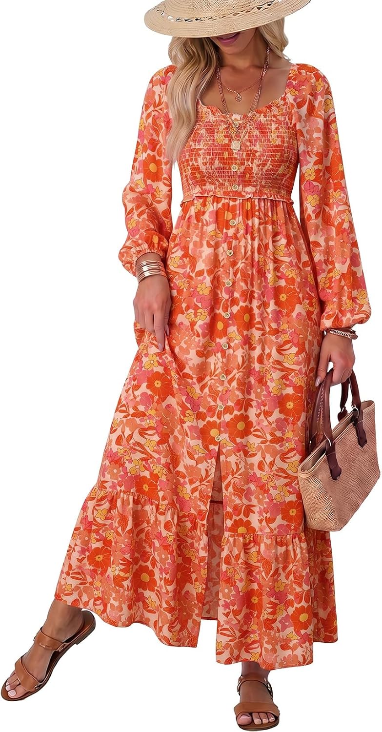 Floral Smocked Long-Sleeve Maxi Dress with Square Neck in Orange
