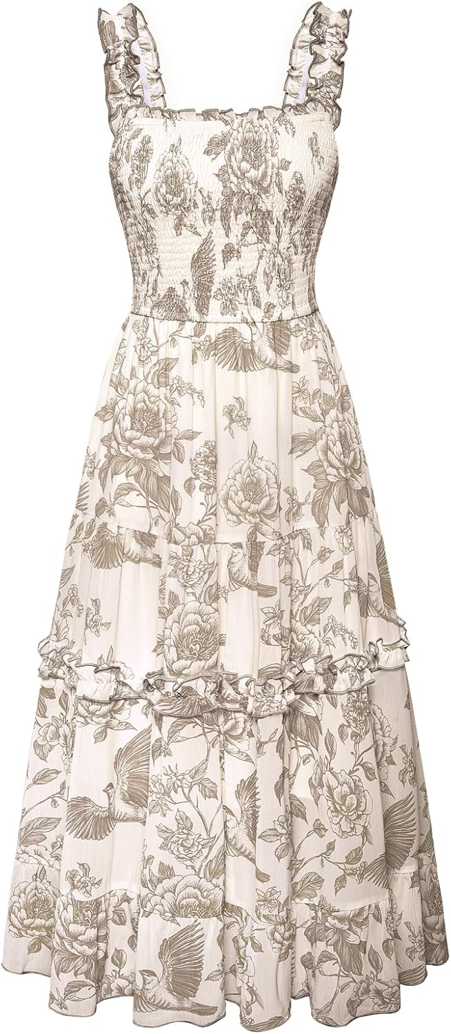 Floral Smocked Square-Neck Tiered Sundress in Coffee Floral