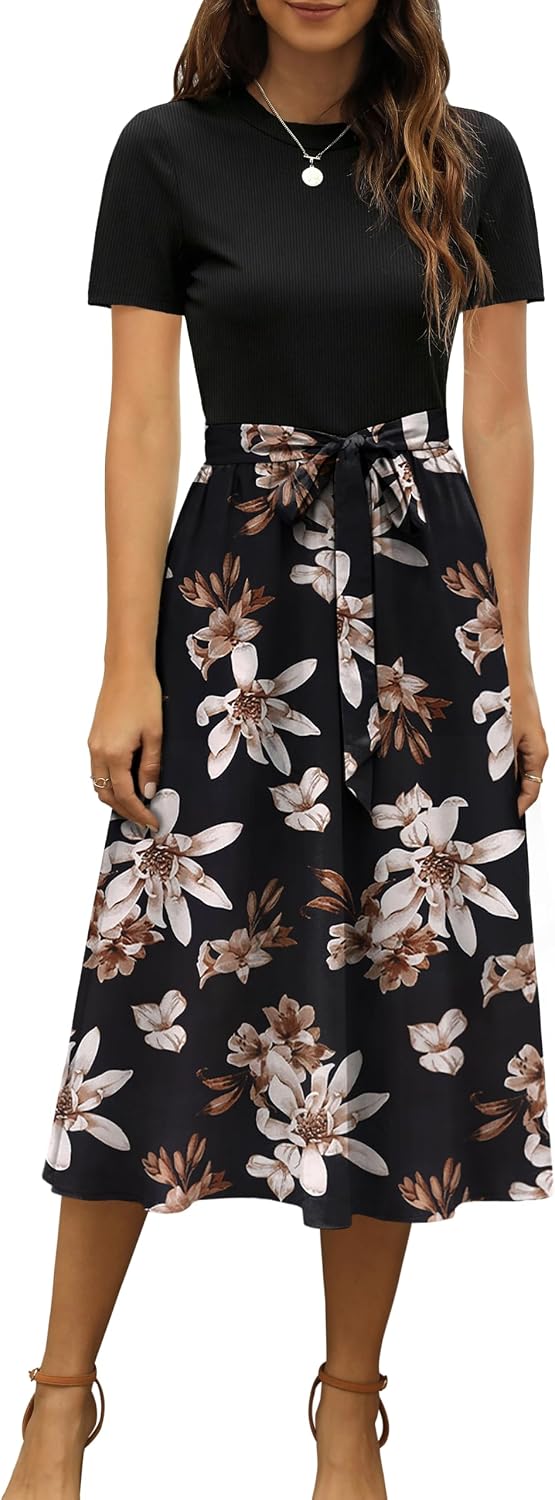 Ribbed Short-Sleeve Midi Dress in Black Floral