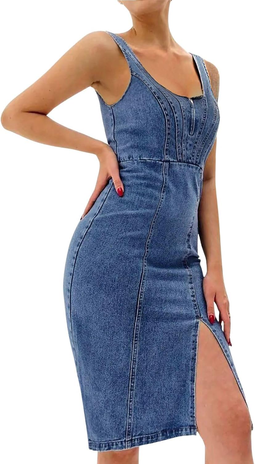 Sleeveless Denim Bodycon Midi Dress in Dark Blue