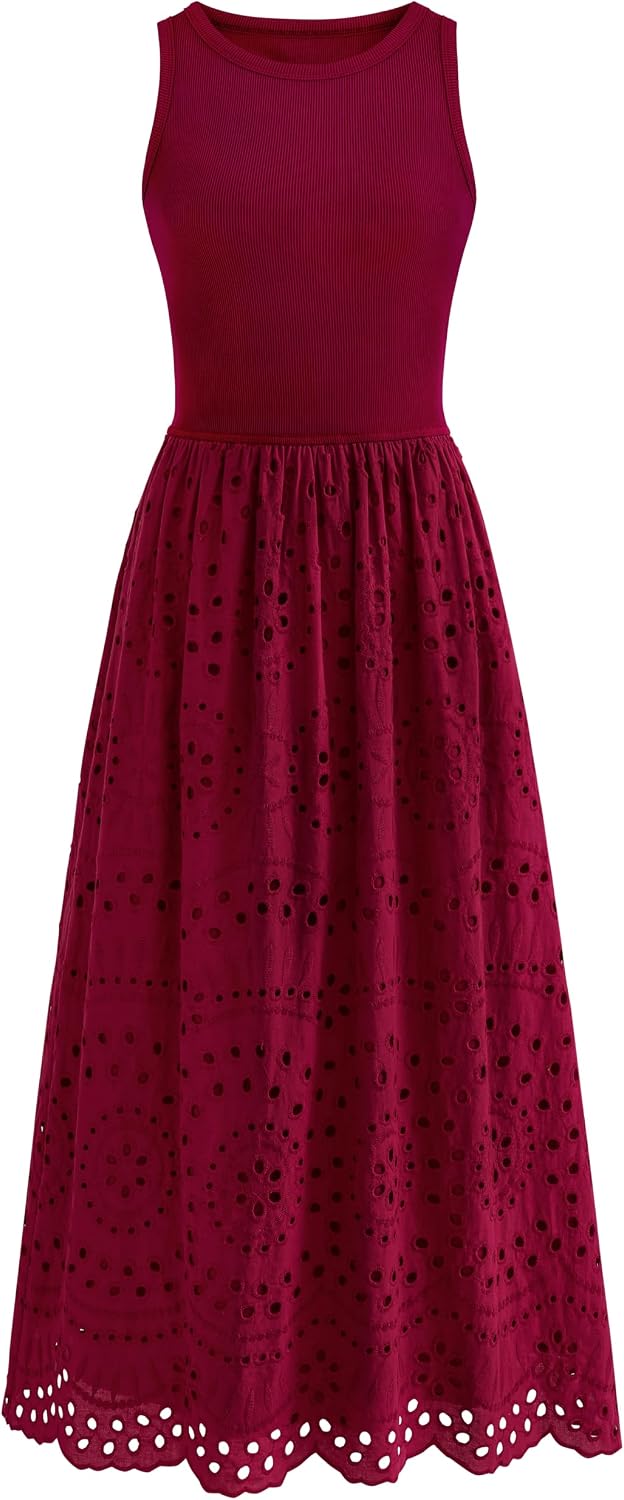 Lace Eyelet Sleeveless Tank Maxi Dress in Wine Red