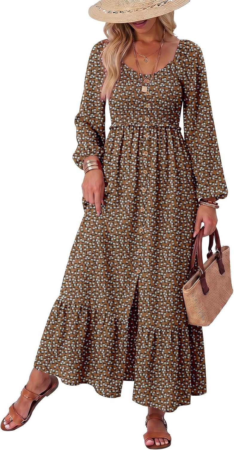 Floral Smocked Long-Sleeve Maxi Dress with Square Neck in Brown
