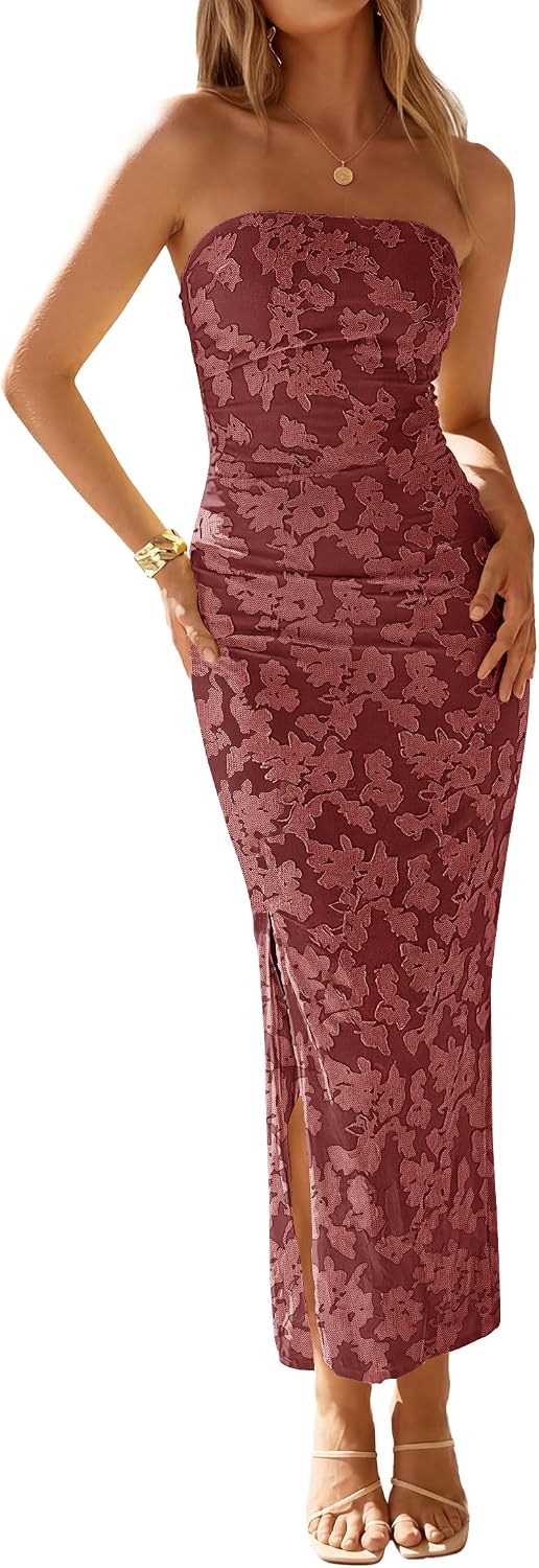 Floral Strapless Ruched Mesh Maxi Dress in Wine Red