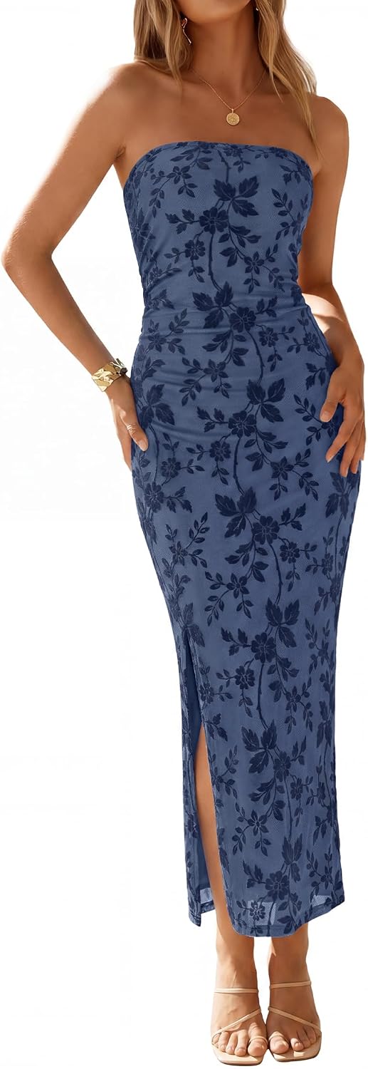 Floral Strapless Ruched Mesh Maxi Dress in Grey Blue