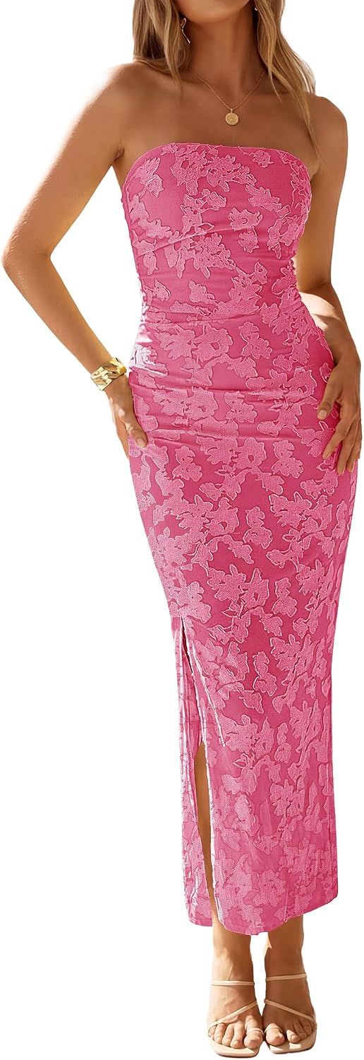 Floral Strapless Ruched Mesh Maxi Dress in Hot Pink