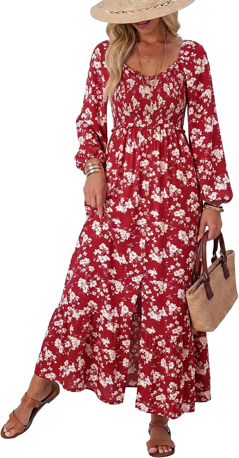 Floral Smocked Long-Sleeve Maxi Dress with Square Neck in Red