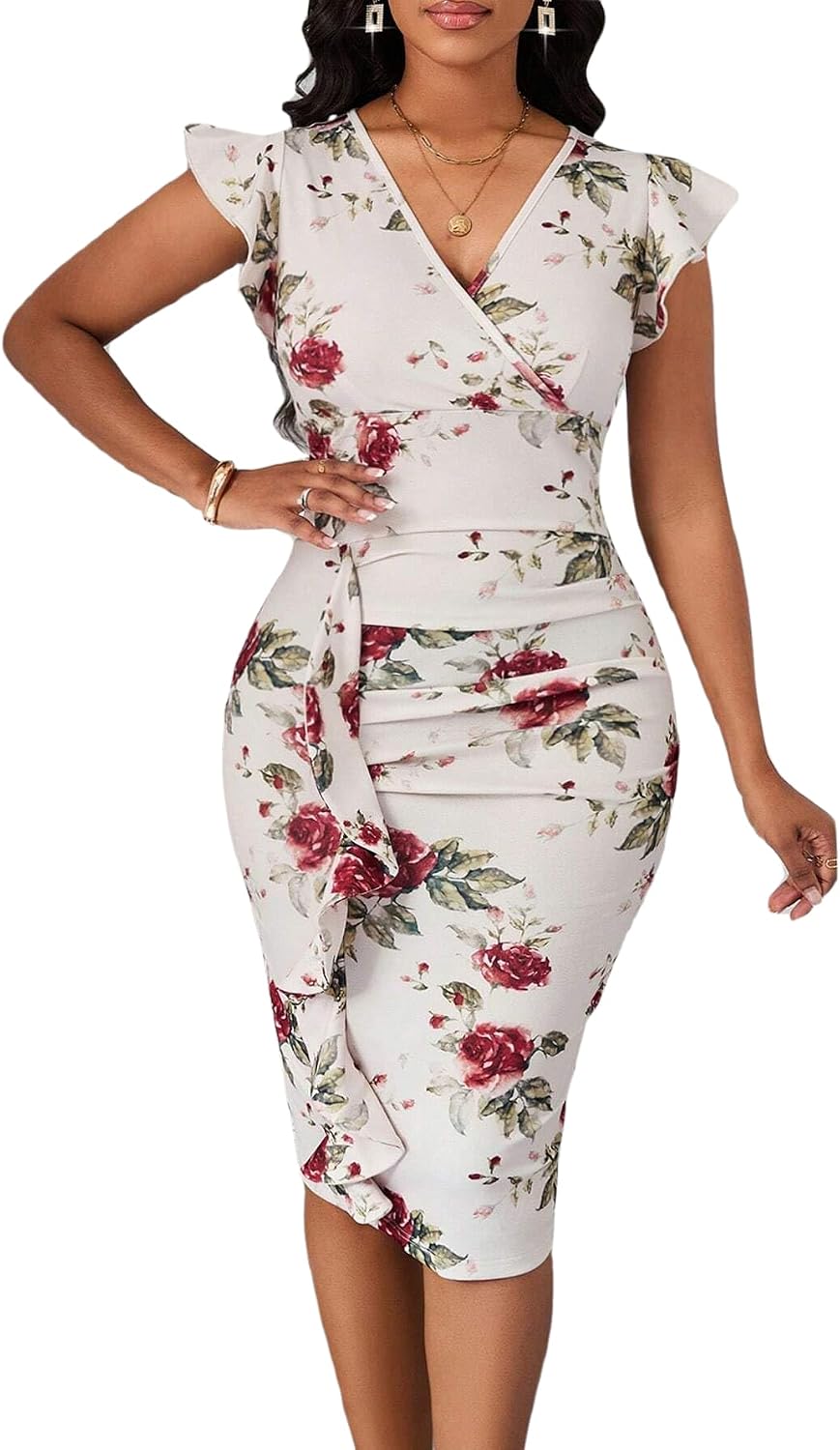 Printed Ruffle-Sleeve V-Neck Bodycon Midi Dress in G Floral