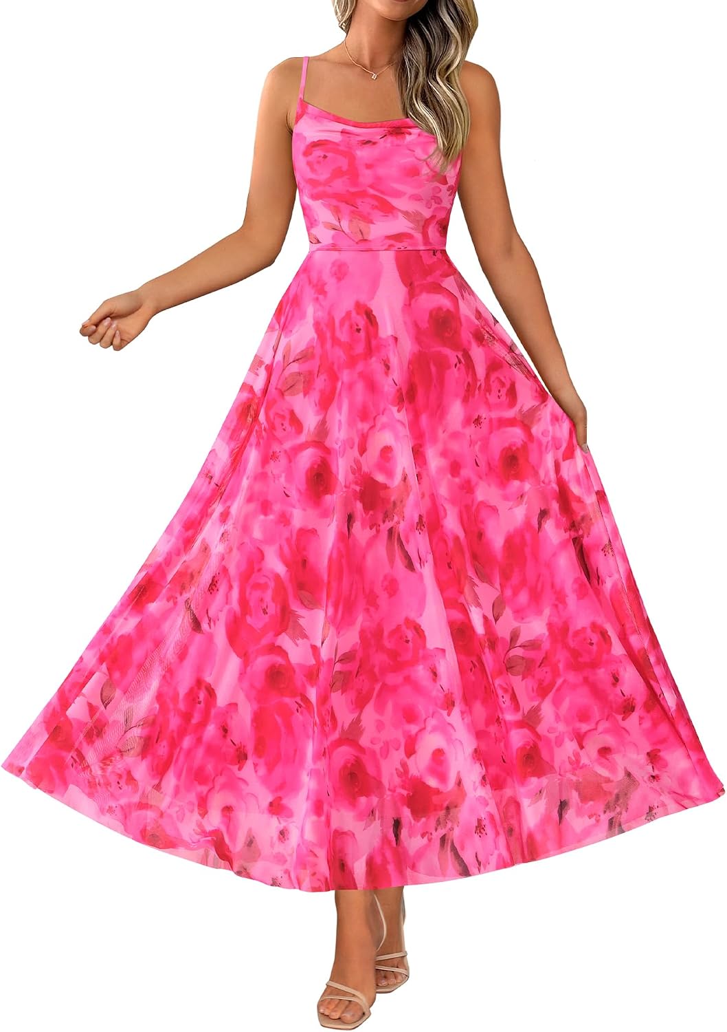 Floral Spaghetti Strap Maxi Dress in Pink Big Floral
