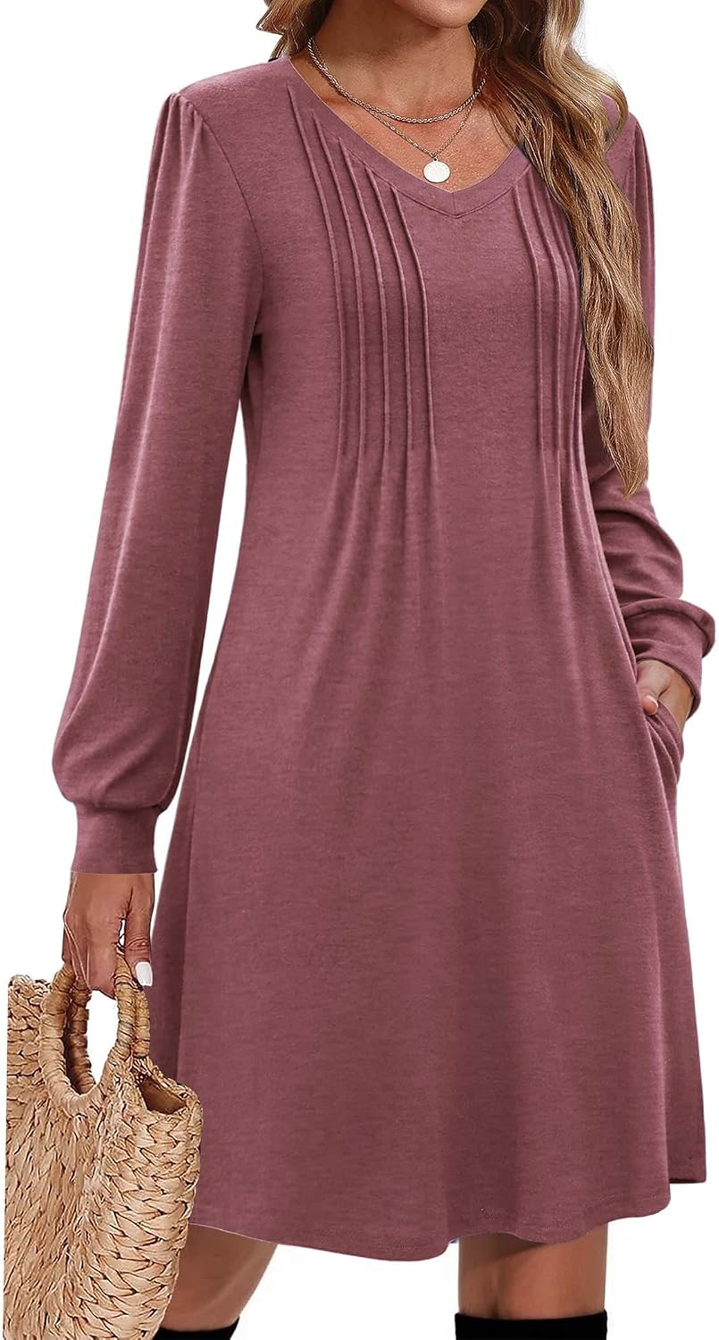 Pleated V-Neck Long-Sleeve A-Line Tunic Dress in Mauve