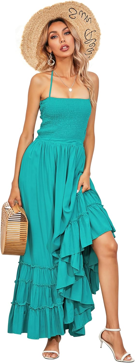 Smocked Ruffle Halter Backless Maxi Dress in Turquoise