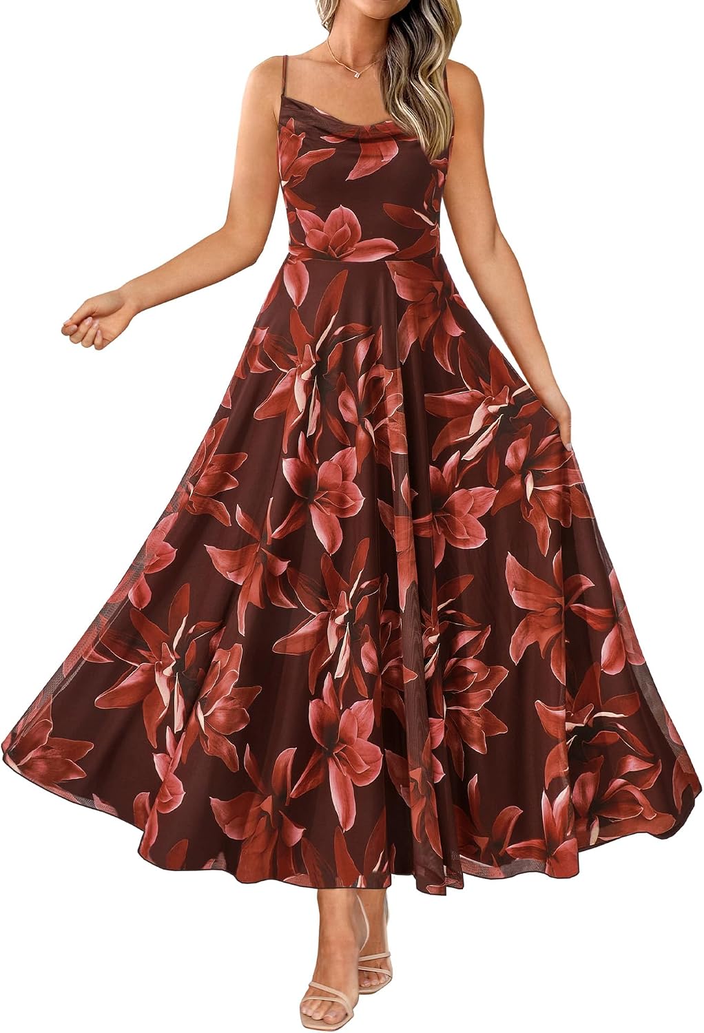 Floral Spaghetti Strap Maxi Dress in Floral Red Brown