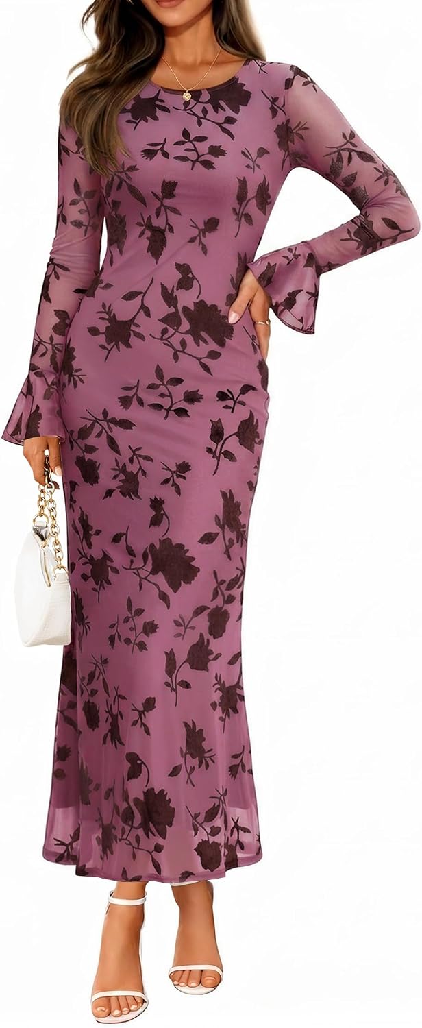 Floral Mesh Bell-Sleeve Bodycon Maxi Dress in Grey Pink