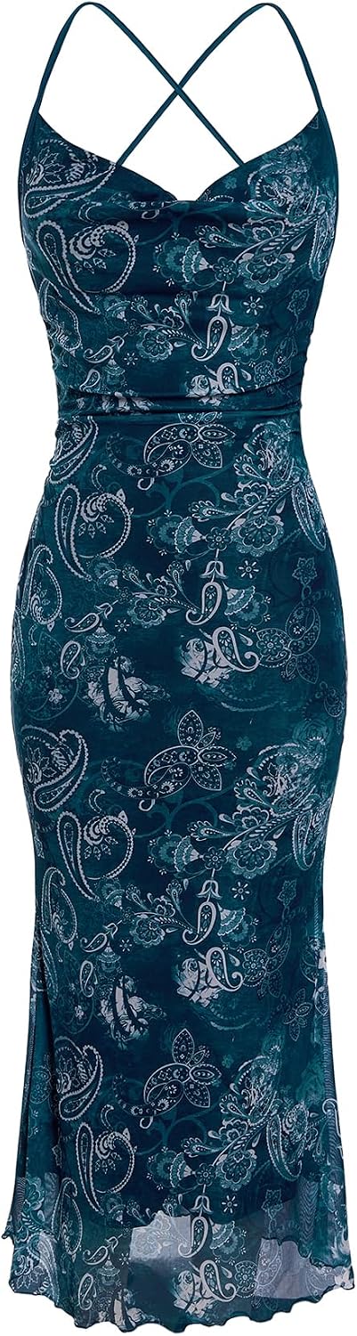 Floral Mesh Cowl-Neck Cami Maxi Dress in Dark Blue