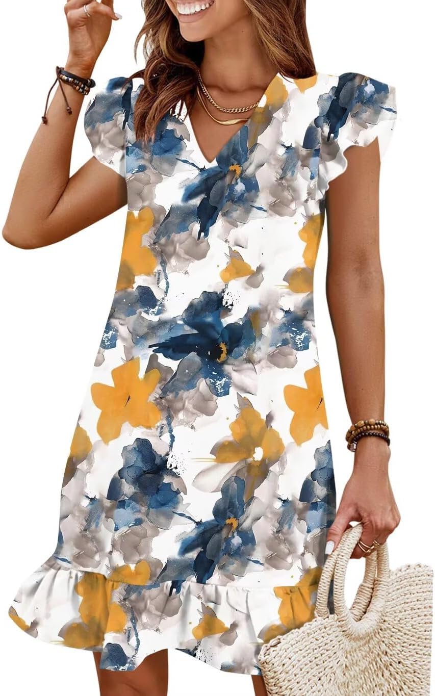 Flutter-Sleeve V-Neck Ruffle-Hem Mini Sundress in Boho Blue Yellow print