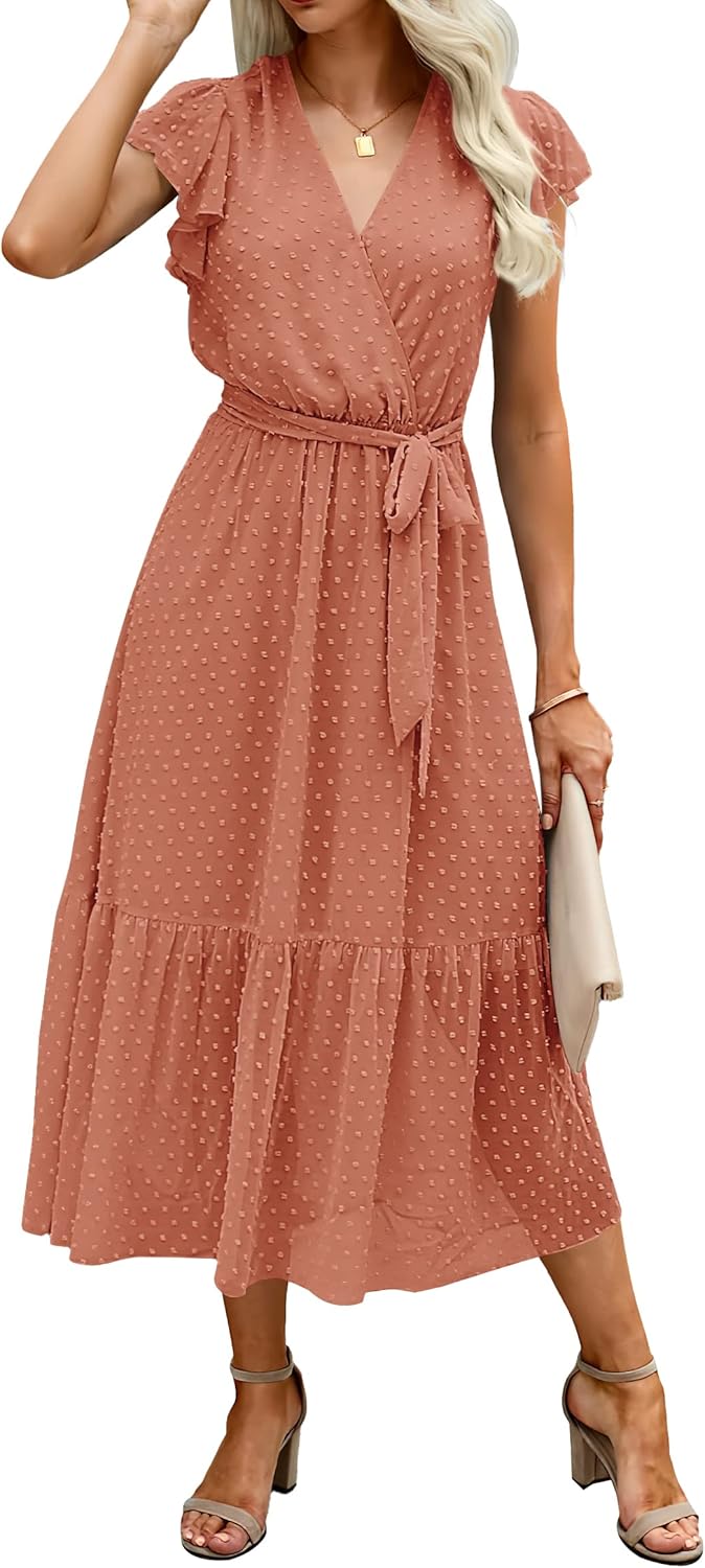 Swiss Dot Wrap V-Neck Belted Midi Dress in Swiss Dot Orange