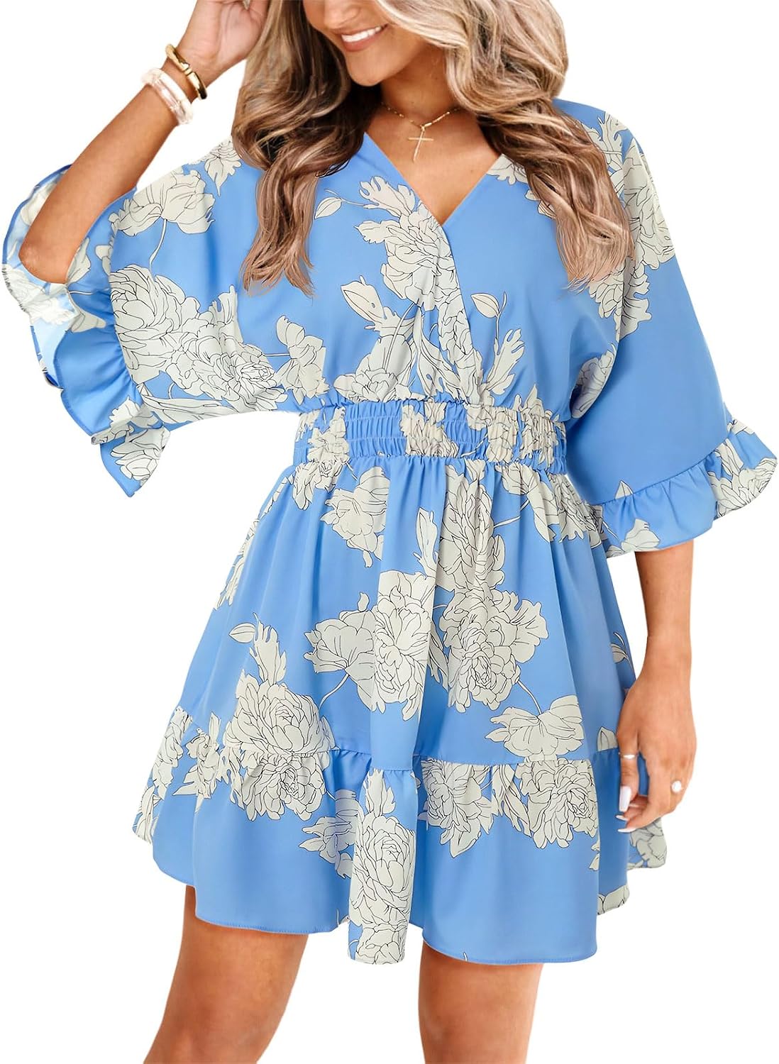 V-Neck Smocked-Waist Ruffle Mini Wrap Dress in Light Blue