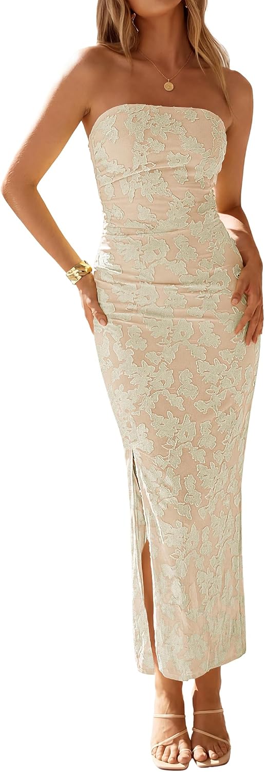 Floral Strapless Ruched Mesh Maxi Dress in Apricot