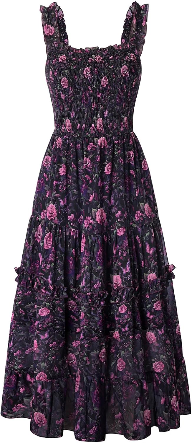 Floral Smocked Square-Neck Tiered Sundress in Black Purple Floral