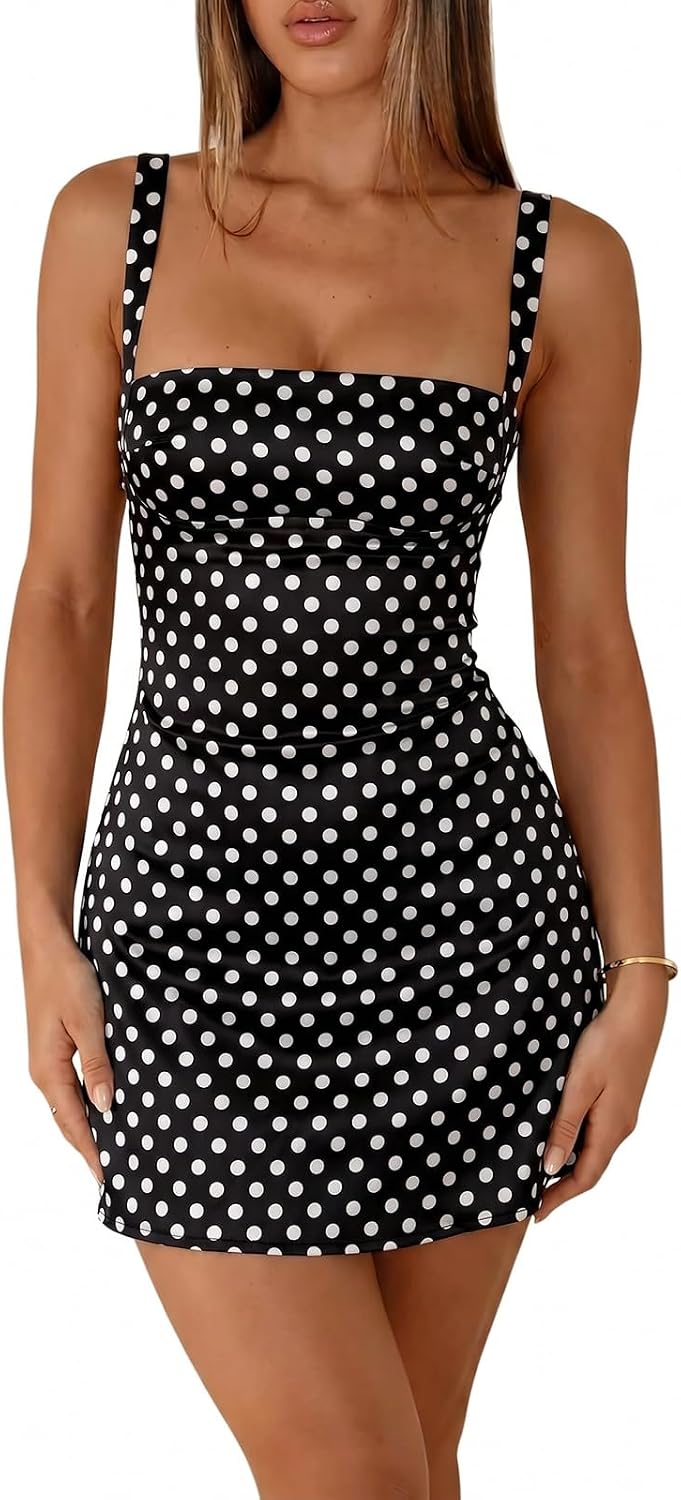 Satin Square-Neck Corset Mini Dress with Lace-Up Back in Black Polka Dot