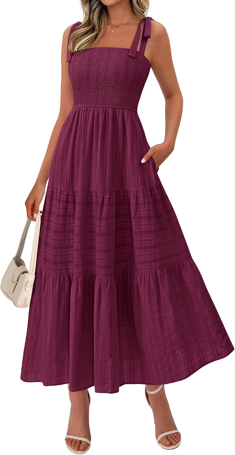 Tie-Strap Smocked Tiered Maxi Sundress in Burgundy