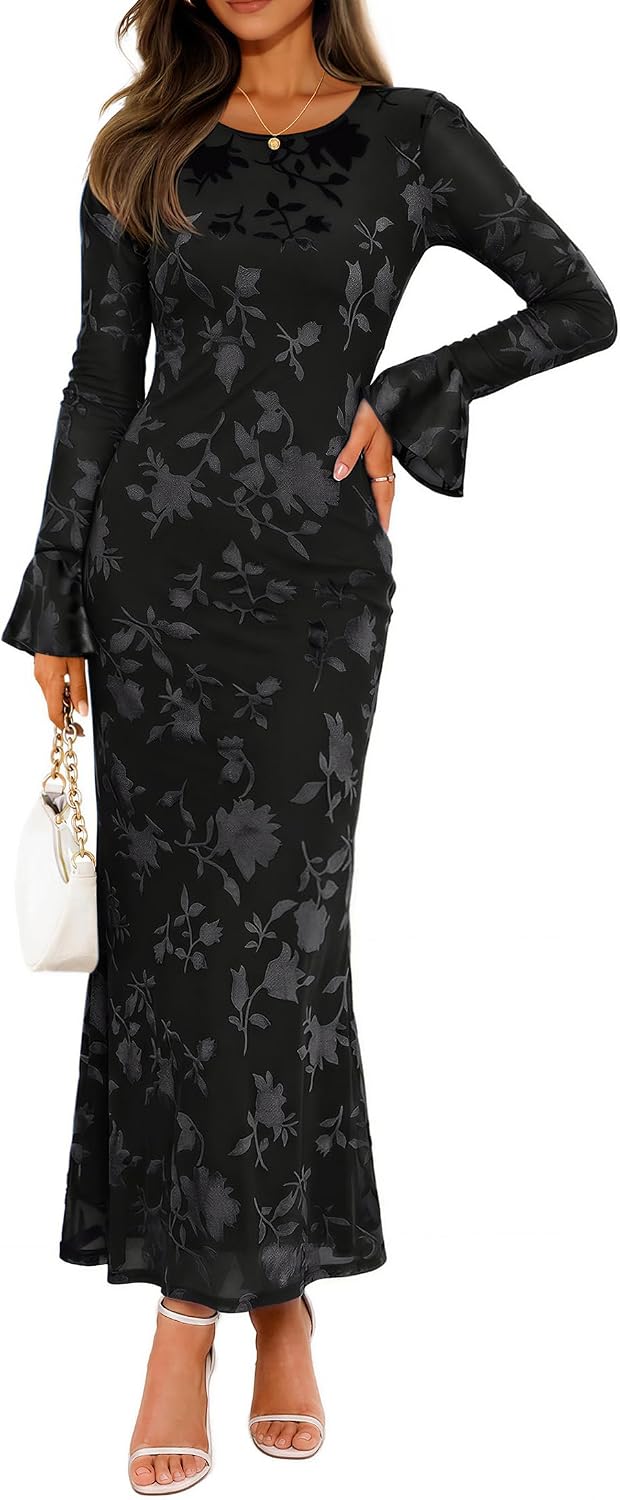 Floral Mesh Bell-Sleeve Bodycon Maxi Dress in Black