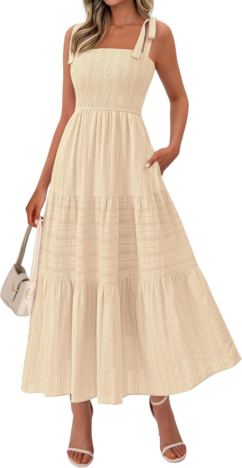 Tie-Strap Smocked Tiered Maxi Sundress in Apricot