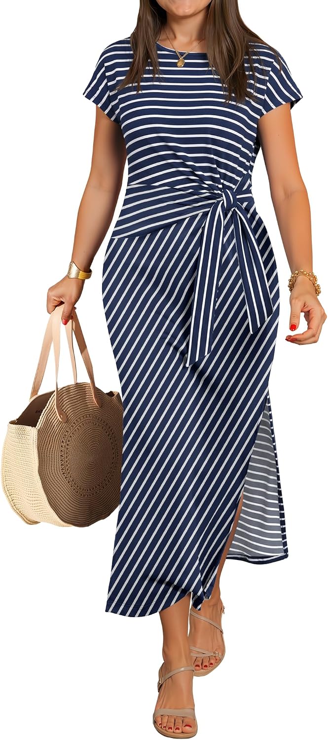 Crew-Neck Tie-Waist Maxi Dress with Side Split in Navy Blue White Stripe