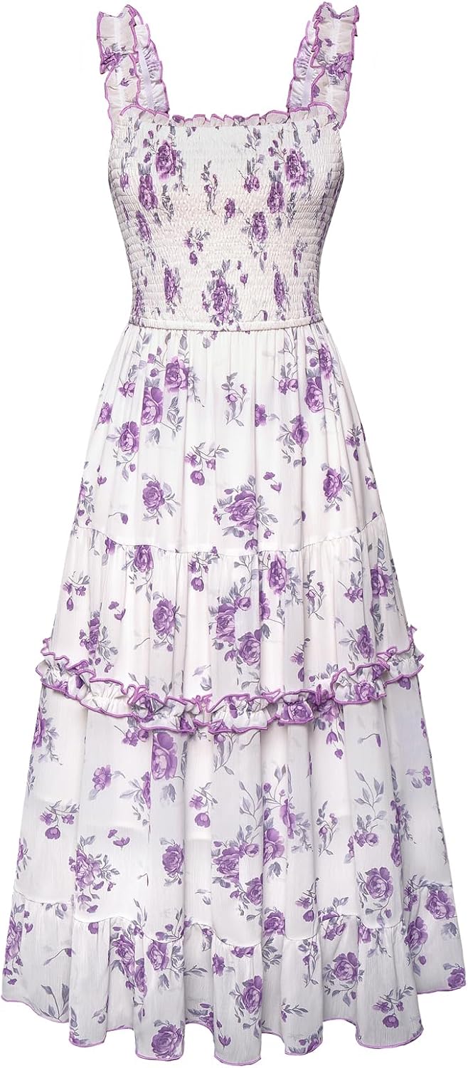 Floral Smocked Square-Neck Tiered Sundress in Purple Floral