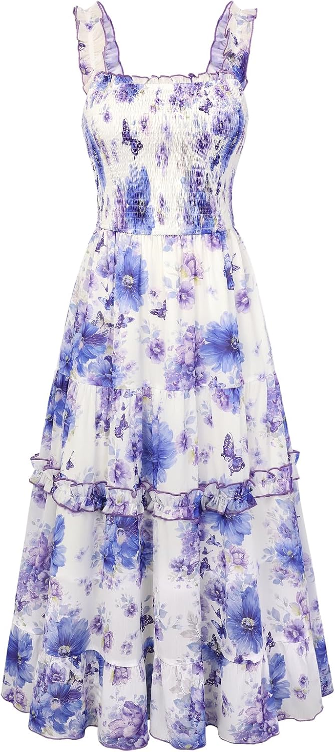 Floral Smocked Square-Neck Tiered Sundress in Purple Butterfly