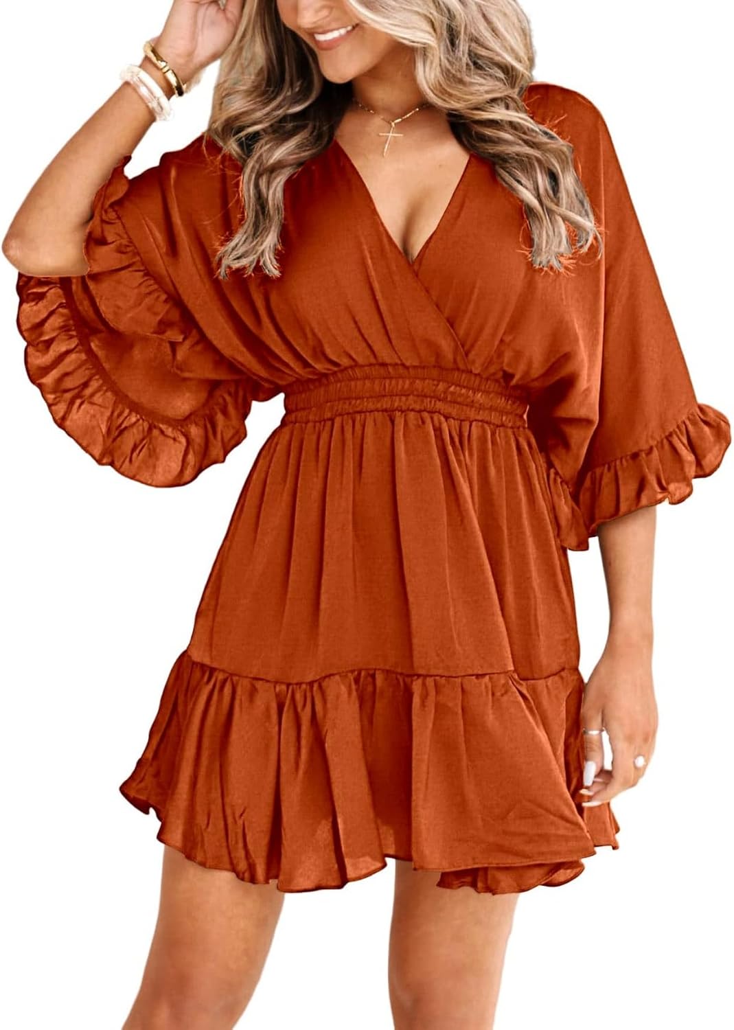 V-Neck Smocked-Waist Ruffle Mini Wrap Dress in Orange Brown