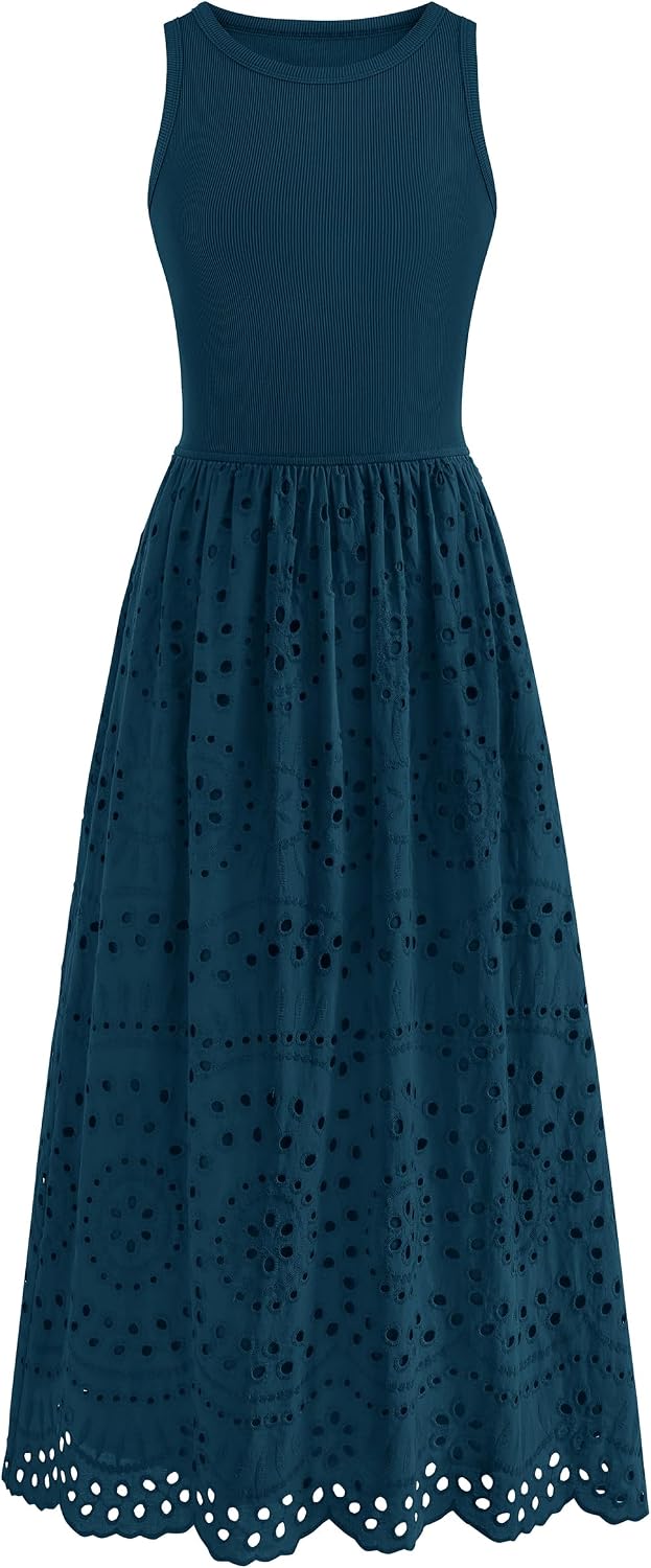 Lace Eyelet Sleeveless Tank Maxi Dress in Dark Cyan