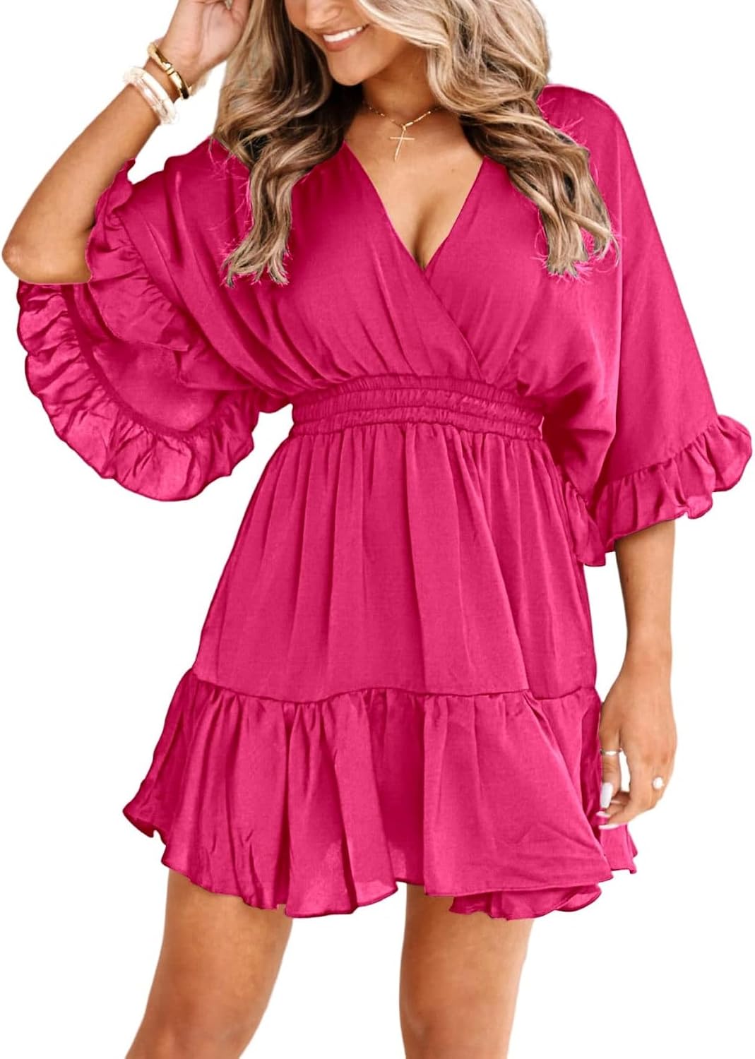 V-Neck Smocked-Waist Ruffle Mini Wrap Dress in Hot Pink