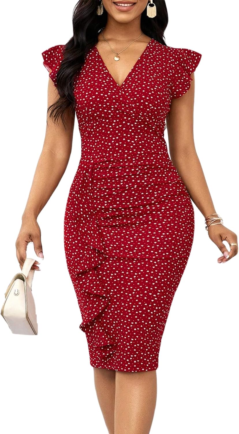 Printed Ruffle-Sleeve V-Neck Bodycon Midi Dress in I Polka Dots
