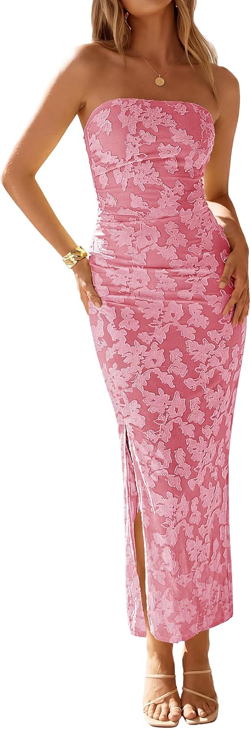 Floral Strapless Ruched Mesh Maxi Dress in Pink