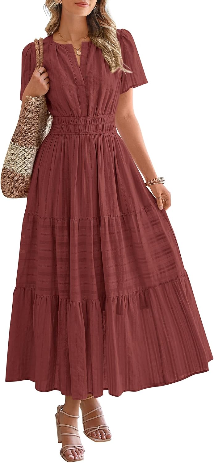V-Neck Short-Sleeve Elastic-Waist Maxi Dress in Brown Red