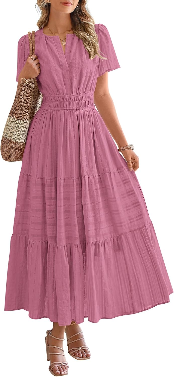 V-Neck Short-Sleeve Elastic-Waist Maxi Dress in Dusty Pink