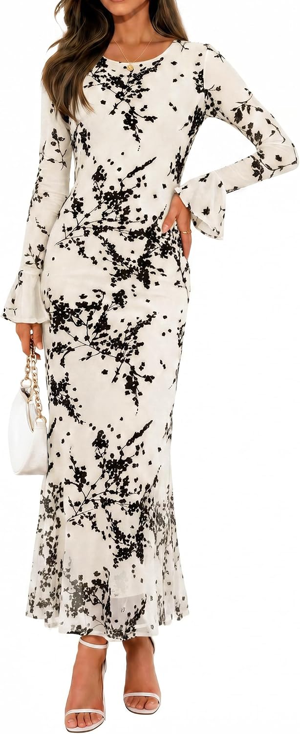 Floral Mesh Bell-Sleeve Bodycon Maxi Dress in Beige