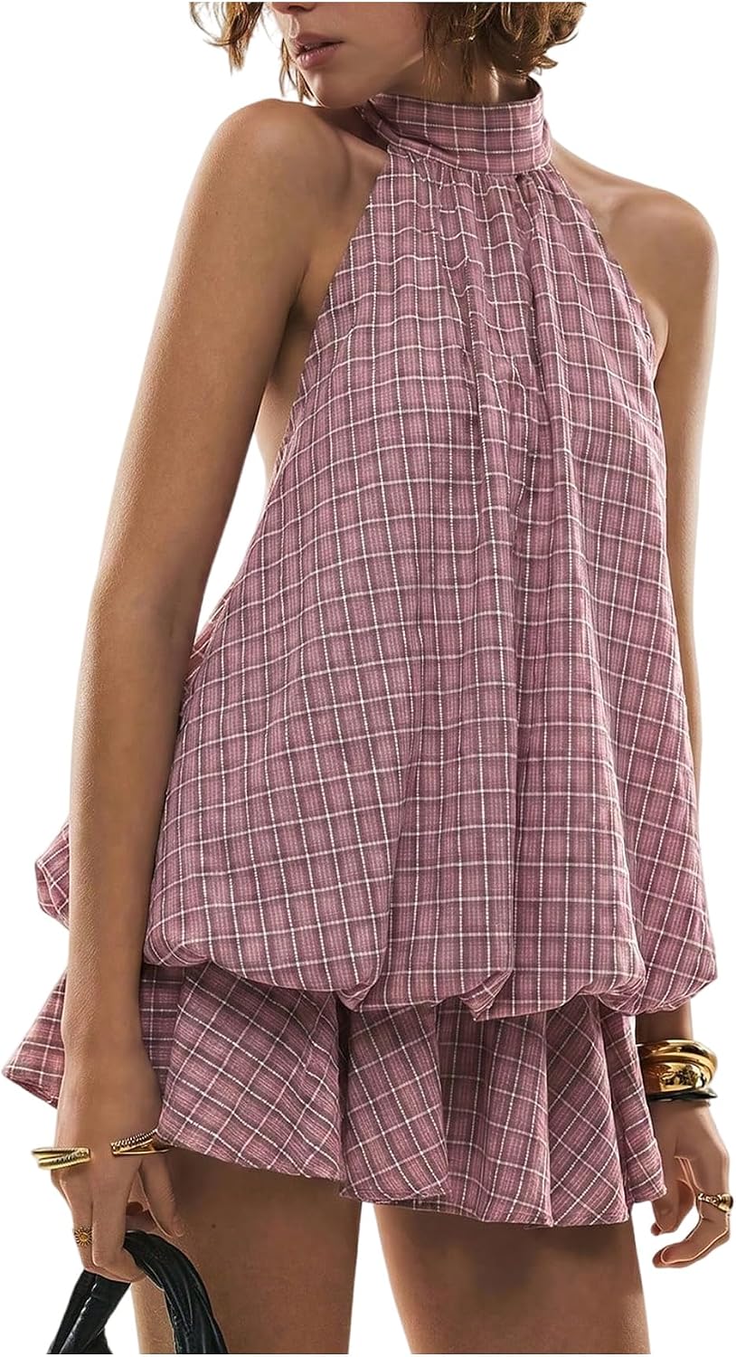 Plaid Halter Bubble-Hem Mini Dress in Pink Plaid