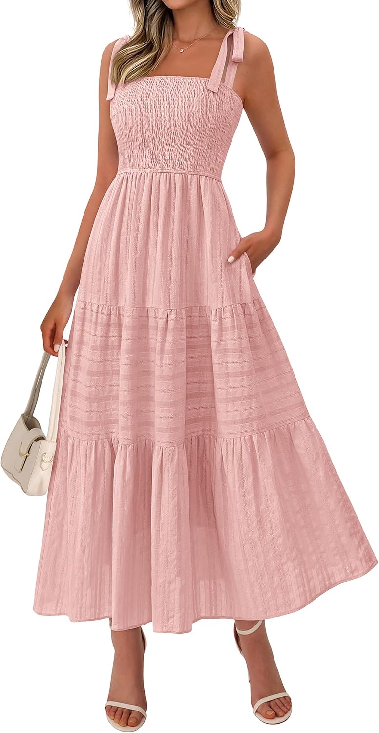 Tie-Strap Smocked Tiered Maxi Sundress in Pink