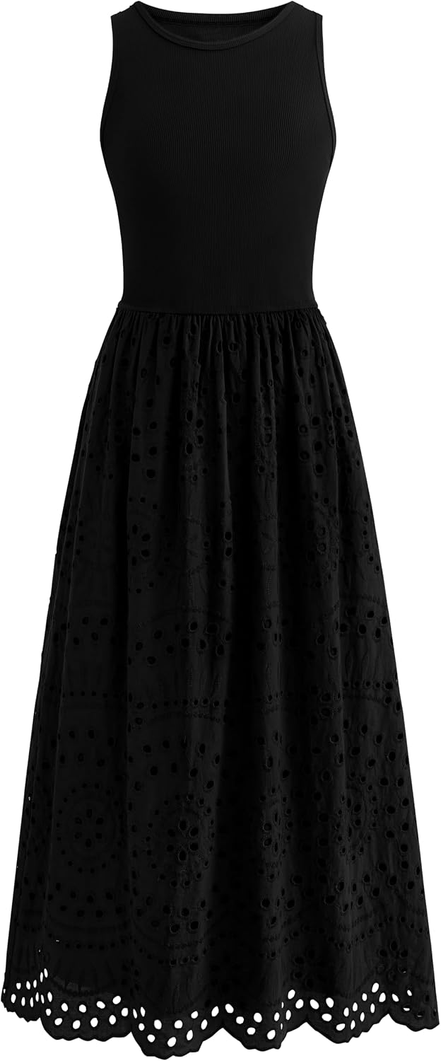 Lace Eyelet Sleeveless Tank Maxi Dress in Black